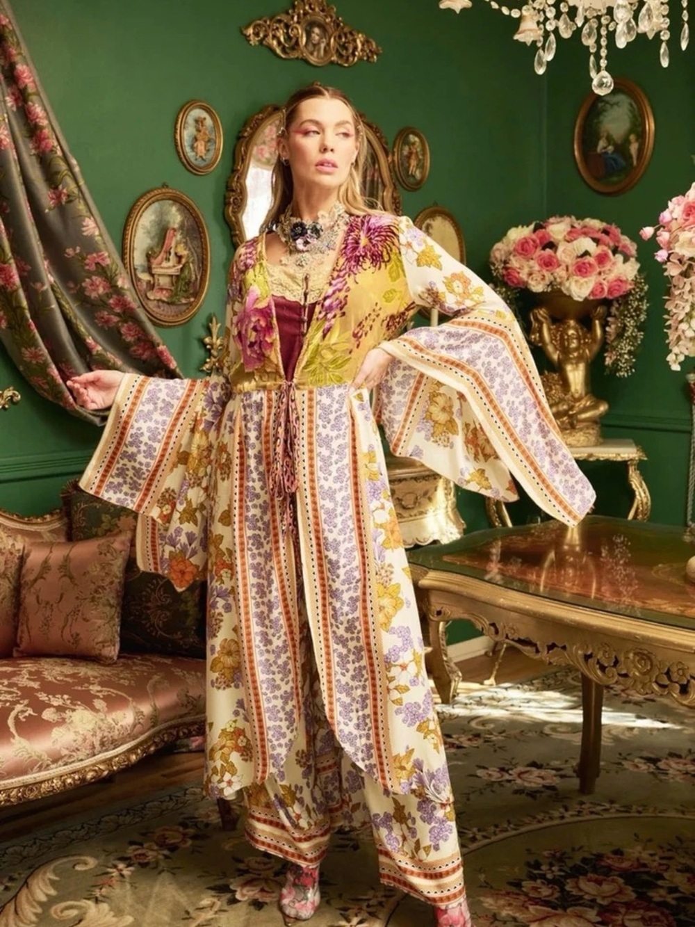 Aratta Golden Aurelia Bohemian Autumn Fairy Goddess Floral Kimono, NWT - Picture 3 of 7